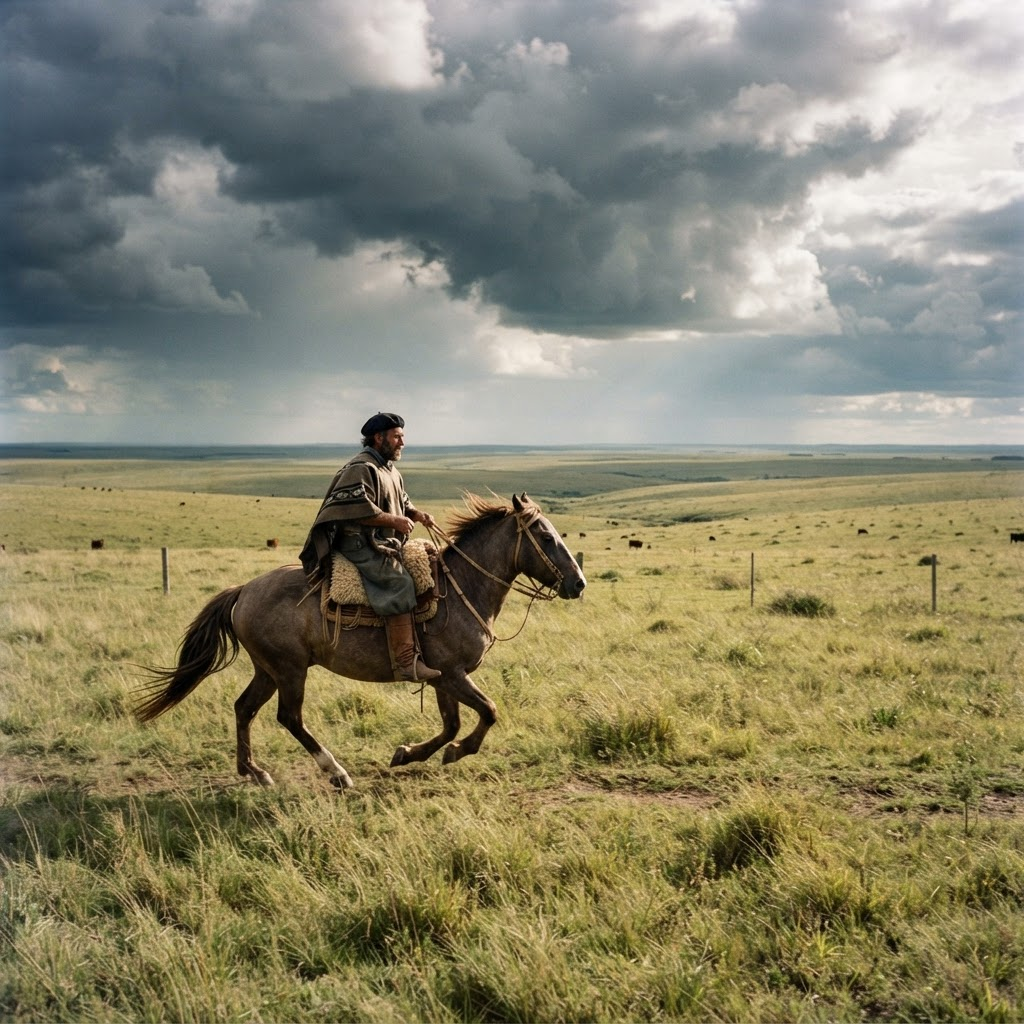 Gaucho argentino a caballo en la pampa al atardecer